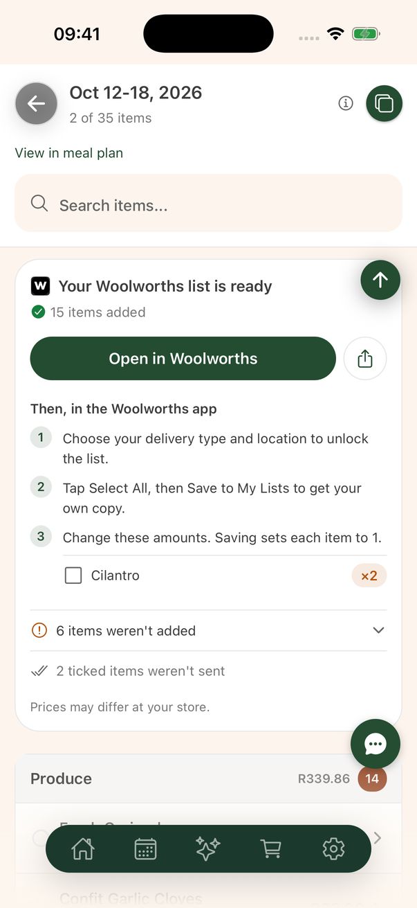 Your Woolworths list is ready: 15 items added, with the next steps in the Woolworths app